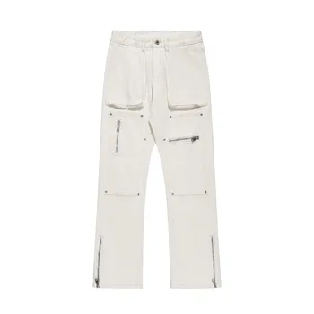 Мужские джинсы, белый дизайн кармана на молнии, женские джинсовые брюки, модные повседневные брюки высокого качества в стиле хип-хоп на Хай-стрит