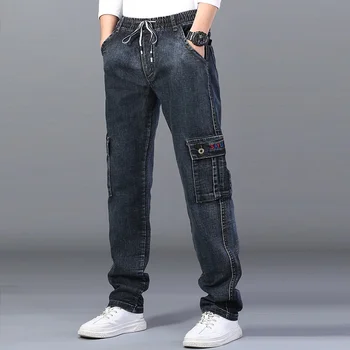 Мужские джинсы с высокой талией, прямые брюки Dinem большого размера, мужские черные джинсы с несколькими боковыми карманами, синие брюки-карго на свободной резинке