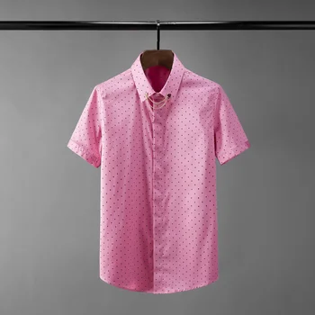Мужские рубашки Minglu розово-красного цвета, роскошные повседневные мужские рубашки с коротким рукавом в горошек, Плюс размер 4xl, облегающие мужские рубашки