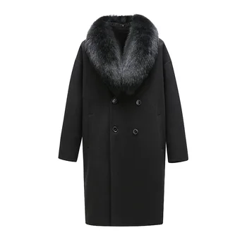 Мужское пальто из 100% натуральной шерсти со съемным большим воротником из натурального лисьего меха Зима Осень Теплое пальто из пушистого натурального меха QN5119