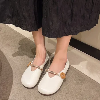 Мягкая Кожаная Удобная Женская обувь Mary Jane 2023, Весна-лето, Новая Женская обувь на плоской подошве в стиле нежной Феи в стиле ретро с пуговицами.