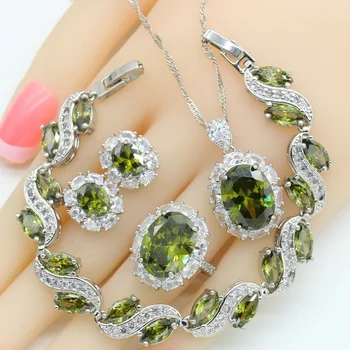 Наборы ювелирных изделий из Дубая с зеленым цирконием, женский браслет, серьги-гвоздики, ожерелье, подвеска, открытое кольцо, подарок на день рождения