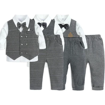 Необходимые комплекты одежды для маленьких мальчиков-джентльменов, жилет + рубашка с длинным рукавом + брюки, детская одежда, костюм для новорожденных, 3 шт.