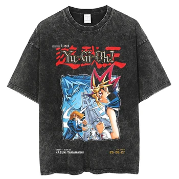 Новая летняя винтажная выстиранная футболка с принтом японского аниме Yu Gi Oh, уличная одежда, футболка оверсайз с круглым вырезом, футболки унисекс
