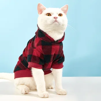 Новая одежда для кошек, свитер на двух ножках в черно-белую клетку, пальто для домашних животных с капюшоном, осенне-зимняя теплая одежда для щенков, весна