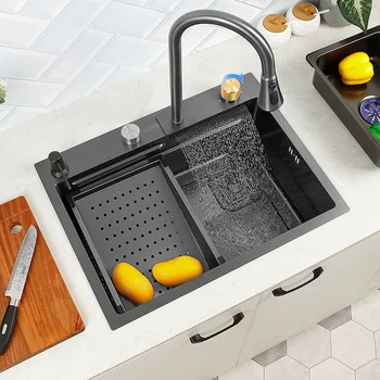 Новая черная кухонная раковина Nano из нержавеющей стали 304, раковина с водопадом, большая однослойная раковина с водопадным краном для кухни