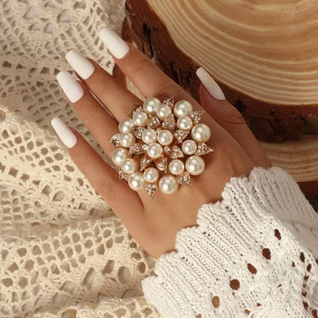 Новое модное кольцо для открывания указательного пальца с жемчугом и большим цветком для женщин, аксессуары, ювелирные изделия, Бесплатная доставка, Подарок