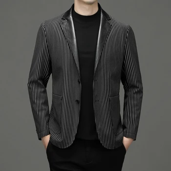 Новый высококлассный кожаный мужской полосатый мужской пиджак в британскую моду для джентльмена, кожаная куртка, повседневный приталенный свадебный блейзер