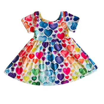Оптовая Продажа Весеннее детское платье для малышей на День Святого Валентина, одежда с сердечками для маленьких девочек, бутик детской любви, одежда для окрашивания галстуков, кружево