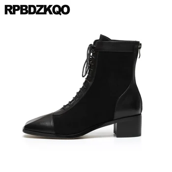Осенние черные повседневные ботильоны в европейском стиле на шнуровке спереди, осенняя женская короткая винтажная обувь, зимняя обувь из натуральной кожи с квадратным носком