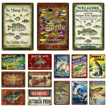Остерегайтесь нападения рыбы, металлических знаков, рыболовного плаката, винтажной металлической пластины для настенной доски, барного искусства, домашнего декора Cuadros YL031