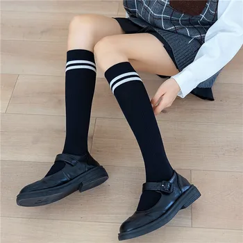 Параллельные брусья, вертикальные полосы, Средние колготки из женского чесаного хлопка, японские студенческие носки в стиле ретро, колготки до колен, Универсальные