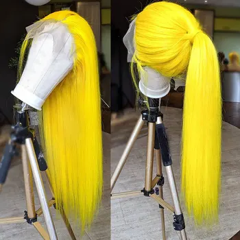 Парик из синтетических волос на кружеве спереди Ярко-желтого цвета, прямое термостойкое волокно, естественный боковой пробор по линии роста волос для белых женщин