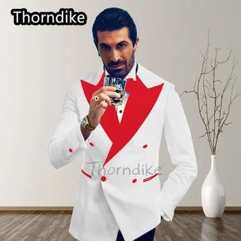 Последние модели пиджака и брюк Thorndike 2022, Двубортный белый мужской костюм с воротником в красную полоску, смокинг