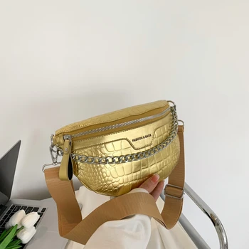 Поясная сумка на цепочке, роскошная женская сумка из золота и серебра, кожаная поясная сумка, модная сумка через плечо с каменным узором, дорожная сумка на ремне, сумка-мешок