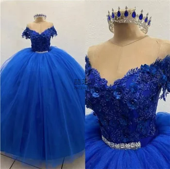 Превосходное Голубое Бальное платье Из Тюля с круглым вырезом и 3D Цветами, Расшитое Жемчугом и бисером, Vestidos De Quinceañera Quinceanera Dresses 2023