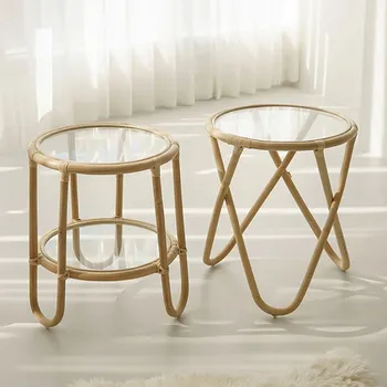 Простой стеклянный журнальный столик из ротанга в японском стиле, двухслойный приставной столик для хранения вещей, домашний диван, приставные столики, Стеклянный стол
