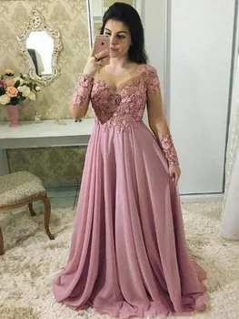 Пыльно-розовые платья для матери невесты с длинными рукавами и драгоценным вырезом, Свадебное платье для гостей, Шифоновое кружевное платье с цветами, вечернее платье большого размера