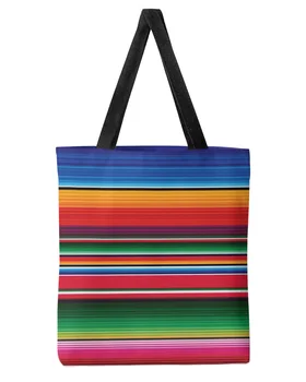 Разноцветные мексиканские полосы, женская холщовая сумка-тоут большой емкости для покупок, многоразовые Эко-сумки на плечо для студентов