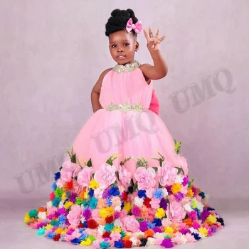 РОЗОВЫЙ День Рождения Малыша 3D Платье для девочки в цветочек Кристаллы Бант Пастель Свадебная вечеринка Показ мод на заказ Первое Причастие