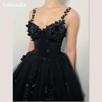 Роскошное платье для выпускного вечера со стреловидным шлейфом Amanda 2023, черное вечернее платье с кружевной вышивкой, вечернее платье с 3D-цветами ручной работы, вечернее платье с цветочным рисунком.