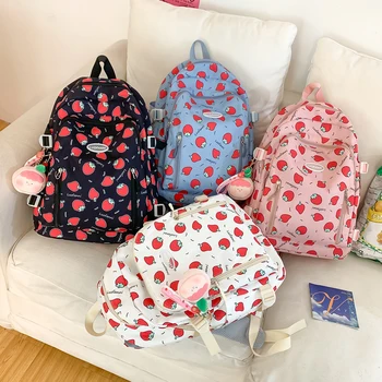 Рюкзак Kawaii, рюкзак для девочек-подростков большой емкости, модный простой милый рюкзак для колледжа с клубничным принтом для маленьких девочек