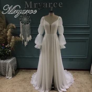 Свадебное платье для фотосъемки Mryarce с глубоким вырезом и открытой спиной, Длинные платья с рукавами-пузырями и разрезом по бокам