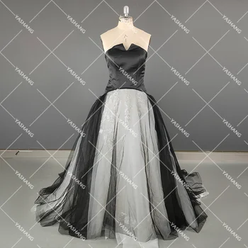 Свадебное платье из тюля черного контрастного цвета без бретелек, настоящие фотографии, Цветочные аппликации, Пышный тюль, шлейф, Корсет, свадебные платья