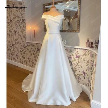 Свадебное платье с открытыми плечами, атласное свадебное платье в складку, короткий рукав, 2023, свадебное платье, Robe de mariée