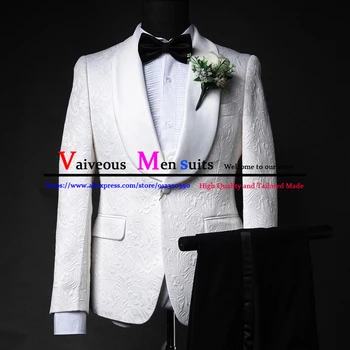 Свадебные костюмы из белого жаккарда для мужчин 2023, Мужские костюмы на заказ, 3 предмета (пиджак + жилет + брюки) Костюм жениха Смокинг Vestido De Novia