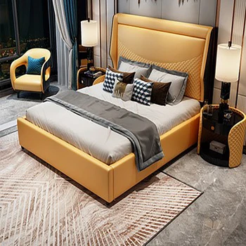 Светлая роскошная кожаная кровать из массива дерева, спальня, постмодернистская и простая кровать с мягкой набивкой 1,8 м, итальянская спальня, оранжевая двуспальная кровать