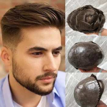 Светло-коричневый парик для мужчин из искусственной кожи, мужской шиньон, система замены натуральных человеческих волос, размер 10x8 дюймов