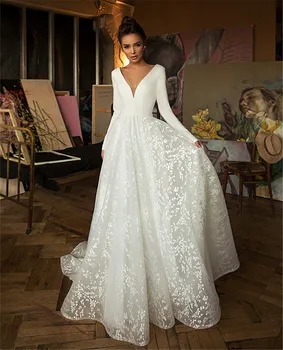 Сексуальное кружевное свадебное платье с глубоким V-образным вырезом, романтические платья из тюля с длинными рукавами и рюшами, Robe De Mariee Bridal Vestidos Novia