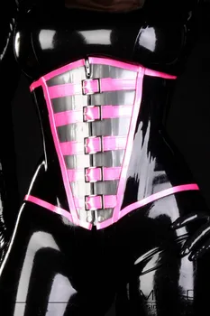 Сексуальный черный латексный резиновый корсет Gummi в форме груди с полосками на шнуровке
