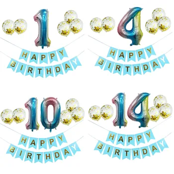Синие Картонные Баннеры с Днем Рождения с радужным номером, Фольгированные шары, украшения для вечеринки в честь Дня рождения из конфетти для детей и взрослых