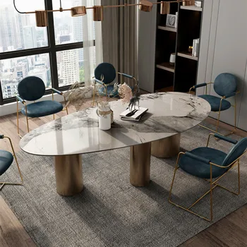 Сочетание обеденного стола и стула на каменной плите от дизайнера виллы, современный яркий, чрезвычайно простой, роскошный и высококачественный овальный стол D