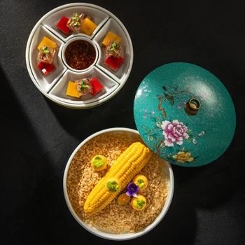 Специальное холодное блюдо с пятью решетками Креативная художественная посуда Эмалевого цвета с круглой крышкой Холодное блюдо с керамической художественной концепцией