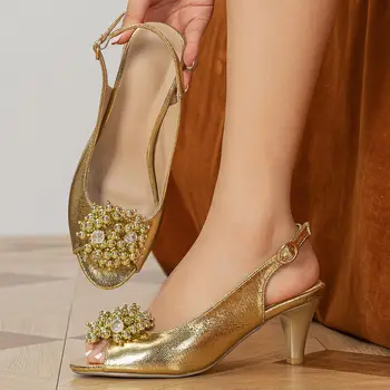 старинные римские сандалии склон пятки сандалии женщин, золотые туфли на высоких каблуках с бисером цветок большой размер украшения высокий каблук песочные