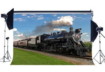 Старинный фон для фотосъемки локомотива, старый паровоз, железнодорожные пути, фон для путешествий