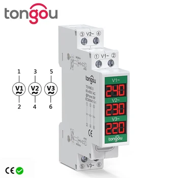 Трехфазный измеритель напряжения переменного тока 80-500 В, мини Модульный вольтметр, индикатор датчика, светодиодный цифровой дисплей, крепление на Din-рейку TONGOU