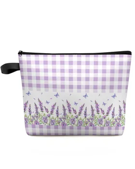Фиолетовый цветок Лаванды, Бабочка, Фиолетовая клетчатая косметичка на заказ, Переносная сумка для хранения макияжа, женский водонепроницаемый пенал
