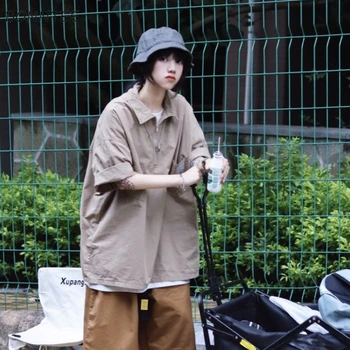 Футболки Женская уличная мода, шикарная летняя женская сорочка в японском стиле, свободные, для отдыха, однотонные, с карманами, для студентов, мягкие
