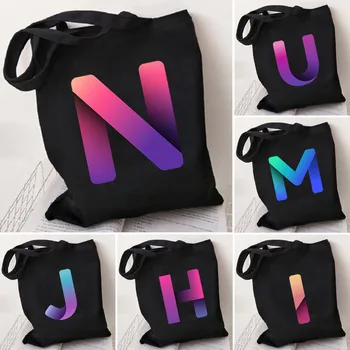 Художественная буквенная печать ABC 3D Alphabet Модные женские черные сумки на холщовом ремне Женская сумка для покупок