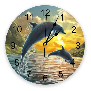 Часы с дельфином и морским закатом, домашний декор для гостиной, большие круглые настенные часы, Немой Кварцевый Настольный будильник, украшение спальни, Настенные часы