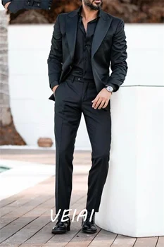 Черные мужские костюмы, Блейзер на одной пуговице С отворотом, Смокинги, Свадебная одежда для жениха, деловой костюм для выпускного вечера, пальто + брюки, 2 шт.