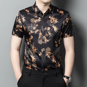 Шелковая мужская рубашка в китайском стиле С 3D Принтом И короткими рукавами Гладкая Роскошная Летняя мода Плюс Размер 4XL Мягкая Удобная Camisa Masculina