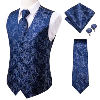 Шелковые мужские жилеты, деловое вечернее платье, тонкая куртка без рукавов, 4 ШТ., запонка, синий костюм с Пейсли, жилет