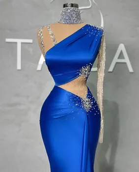 Элегантные выпускные платья королевского синего цвета с аппликацией из страз, Длинные рукава, высокий вырез, арабские вечерние платья, вечерние халаты на заказ