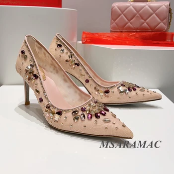 Элегантные свадебные туфли на высоком каблуке с кристаллами телесного розового цвета, украшенные кружевом, Летние вечерние женские модельные туфли с острым носком большого размера