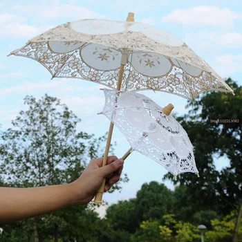 Элегантный кружевной зонт с хлопковой вышивкой для новобрачных цвета слоновой кости, кружевной зонт Баттенбург, Свадебный декоративный зонт